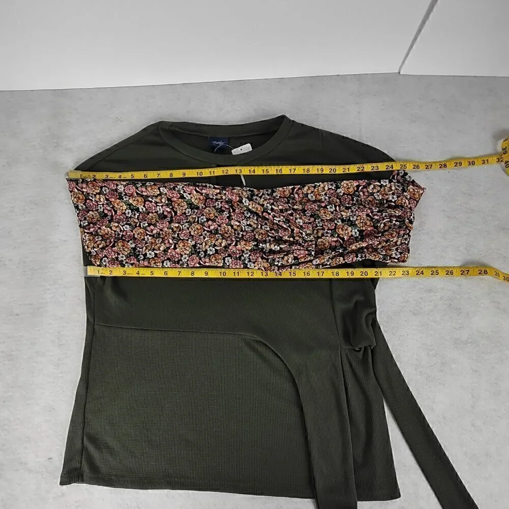 Daytrip Dusty Olive Mixed Media Free Spirit Floral Sleeve Side Tie Top Sz S (NWT - Picture 9 of 14